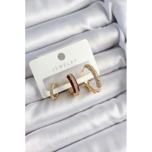 Pirinç Zirkon Taşlı Bordo Halka Model Gold Renk 3'lü Çift Kadın Küpe Set