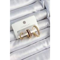 Pirinç Zirkon Taşlı Bordo Halka Model Gold Renk 3'lü Çift Kadın Küpe Set