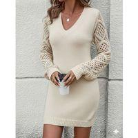 Kadın Uzun Kollu V Yakalı Mini Triko Elbise