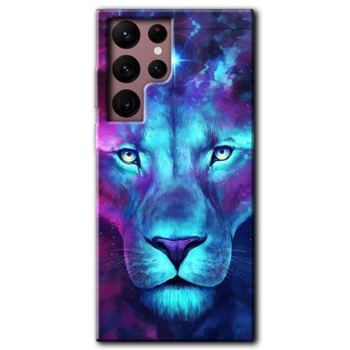 Galaxy S22 Ultra Kılıf HD Desen Baskılı Arka Kapak - Neon Lion + Kırılmaz Cam