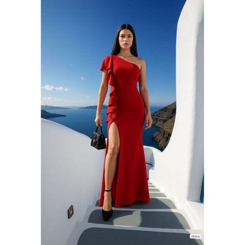 Kadın Dalgıç Kumaş Tek Omuz Askılı Yırtmaç Detaylı Maxi Boy Elbise