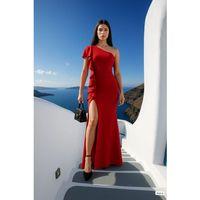 Kadın Dalgıç Kumaş Tek Omuz Askılı Yırtmaç Detaylı Maxi Boy Elbise