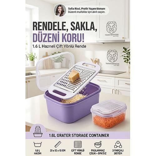 1.6 Litre Pratik Hazneli Çift Yönlü İnce Kalın Sebze Peynir Rendesi Kapaklı Mutfak Saklama Kabı 18/10 304 Paslanmaz Çelik 723690