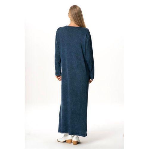 Uzun Kol Gamze Cep Detaylı Sonbahar ve Kışlık Uzun Triko Elbise İndigo indg