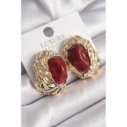 pilelistore Pirinç Gold Renk Kırmızı Oval İşleme Detay Vintage Kadın Küpe - TJ-BKP9816