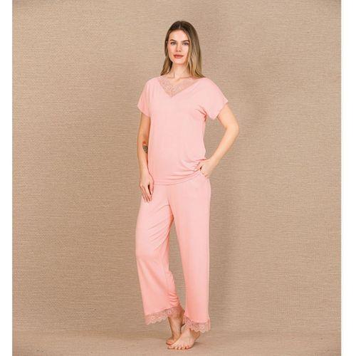 Viskon Şık Tasarım Dantel İşlemeli Açık Pembe Kısa Kol Pijama Takımı