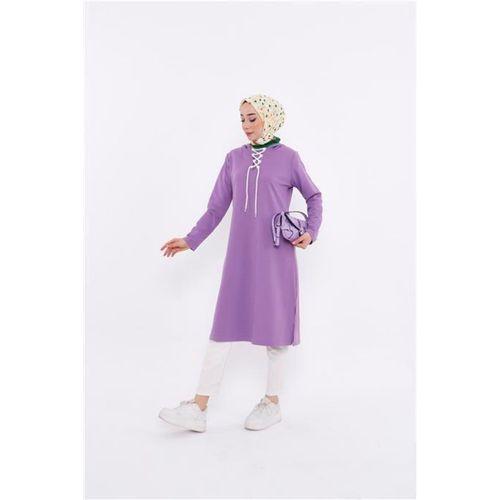 Eflin Yakadan Bağlamalı Kapşonlu Uzun Sweatshirt - 03030.018 - Leylak