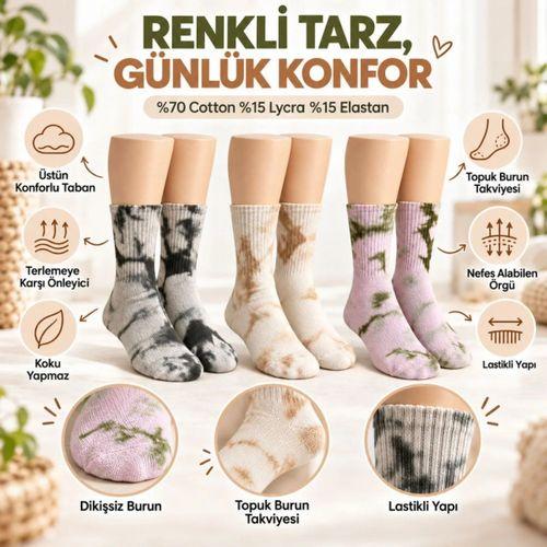 Unisex Batik Desenli Çorap 6'lı Set Pamuklu Uzun Soket Dikişsiz Nefes Alan Günlük Spor Konfor Çorabı