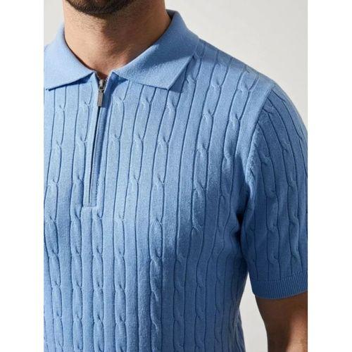 Erkek Yazlık Triko Saç Örgü Tişört Kısa Kol Polo Yaka Fermuarlı T-Shirt - Bebe Mavisi