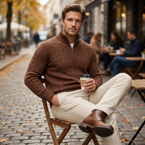 Bardem Saç Örgülü Yarım Fermuar Erkek Triko Kazak - Kahve