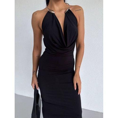 Kadın Boyun Aksesuarlı Halter Yaka Maxi Boy Sandy Kumaş Elbise