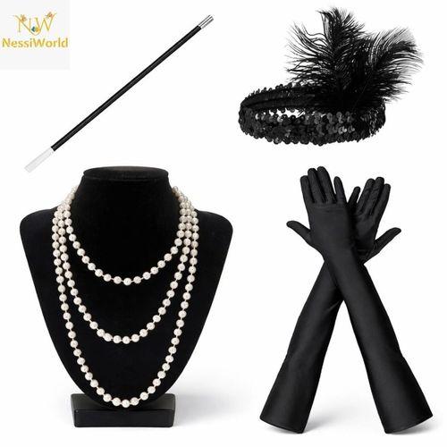 1920’ler Çarliston Aksesuar Seti – İnci Kolye, Eldiven, Sigara Tutucu, Siyah Saç Bandı