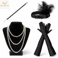 1920’ler Çarliston Aksesuar Seti – İnci Kolye, Eldiven, Sigara Tutucu, Siyah Saç Bandı