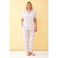 Kadın Beyaz Kırmızı Kalp Desenli Önden Düğmeli Büyük Beden Pijama Takımı