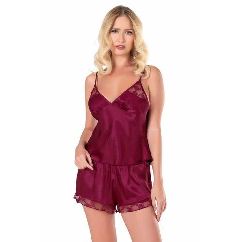 Bordo Saten Babydoll Şort Takımı
