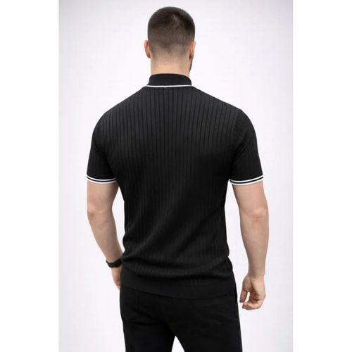 Erkek Fitilli Triko Dokuma Kısa Kol Tişört Yarım Boğaz Modern Yazlık T-Shirt - Siyah