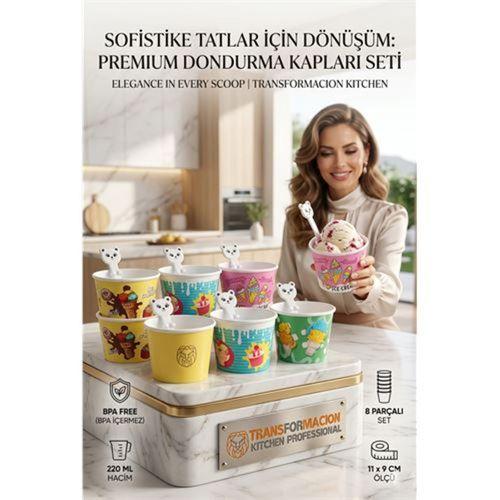 Sevimli Ayıcık Kaşıklı 8'li Dondurma Kasesi Seti - Parti, Atıştırmalık ve Mama Kabı 723094