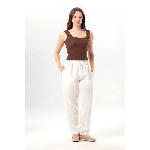Beli Lastikli Yandan Çift Cepli Müslin Şalvar Pantolon Kırık Beyaz KrkByz