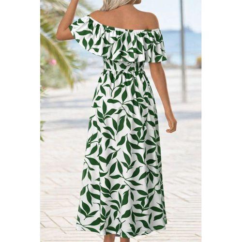 Kadın Madonna Yaka Göğüs Lastikli Yırtmaçlı Uzun Desenli Süprem Elbise