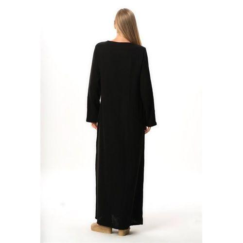 Uzun Kol Yaprak V Yaka Baskılı Müslin Uzun Otantik Yazlık Elbise Siyah-Siyah Syh/Syh