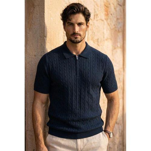 Burke Saç Örgü Yarım Fermuarlı Kısa Kollu İnce Triko Erkek T-Shirt - Lacivert