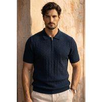 Burke Saç Örgü Yarım Fermuarlı Kısa Kollu İnce Triko Erkek T-Shirt - Lacivert