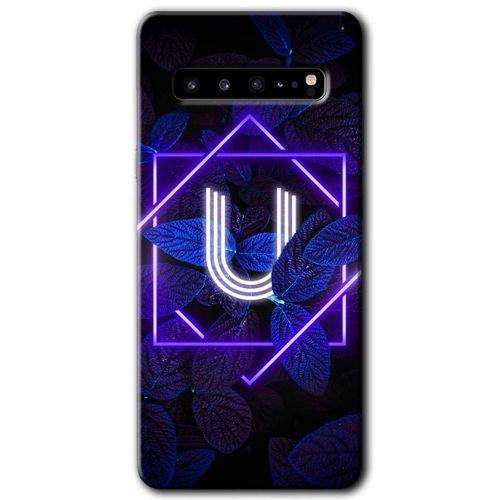 Samsung Galaxy S10 Plus Kılıf HD Desen Baskılı Arka Kapak + Temperli Cam - Dark Neon Yaprak U Harfi