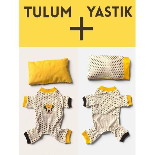 Spotty Sunny Minny Kedi Uyku Seti | Siyah Beyaz Puantiyeli Penye Kedi Tulumu ve Mini Yastık