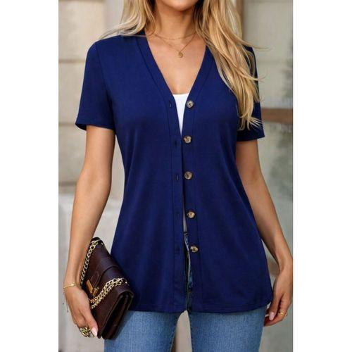 Kadın Kısa Kollu V Yakalı önü Düğmeli Viskon Bluz