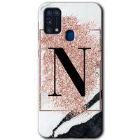 MRCİLETİSİM Samsung Galaxy M31 Kılıf Baskılı Kapak - Pembe Mermer Desenli N Harfi + 5D Tam Kaplayan Cam