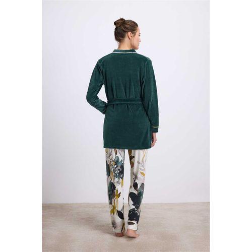 Kadın Kadife Sabahlık, Dantelli Atlet Ve Desenli Pantolon Pijama Takım