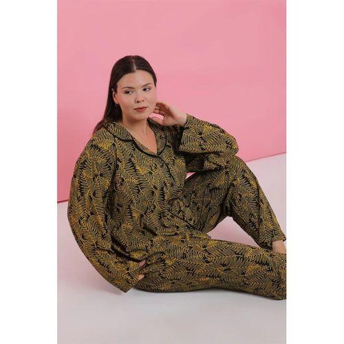 Kadın Büyük Beden Tropikal Yaprak Desenli Düğmeli Pijama Takımı