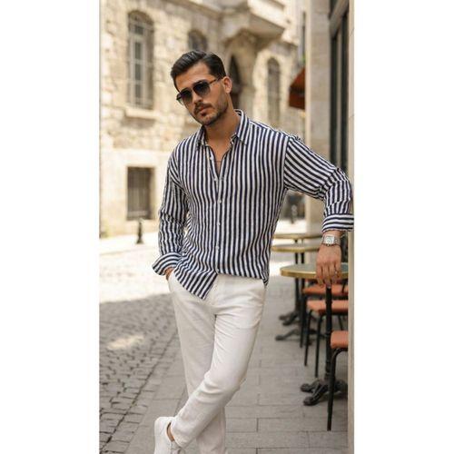 Erkek Dikey Çizgili Yarım Oversize Gömlek