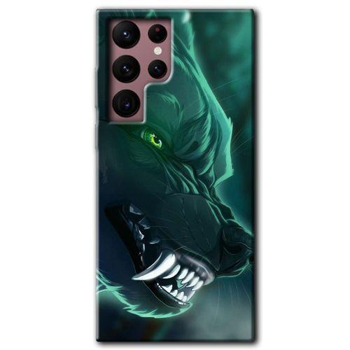 MRCİLETİSİM Samsung Galaxy S22 Ultra Kılıf HD Desen Baskılı Arka Kapak + Temperli Cam - Yeşil Kurt