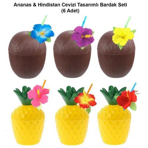 Ananas Hindistan Cevizi Tasarımlı Pipetli Bardak Seti (6 Adet)