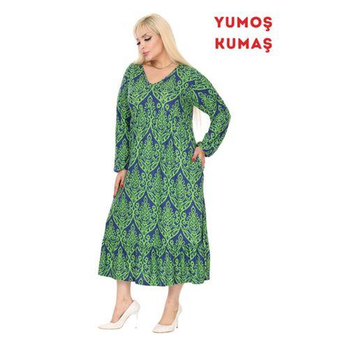 Melsay Butik Kışlık Robalı Yumoş Uzun Kollu Yeşil Dantel Desenli Elbise