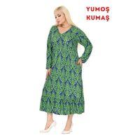 Melsay Butik Kışlık Robalı Yumoş Uzun Kollu Yeşil Dantel Desenli Elbise