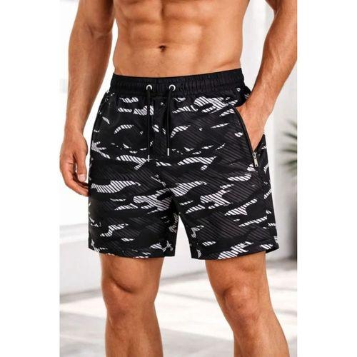 Erkek Deniz Şortu Fermuarlı Cepli File Astarlı Hızlı Kuruyan Premium - Siyah