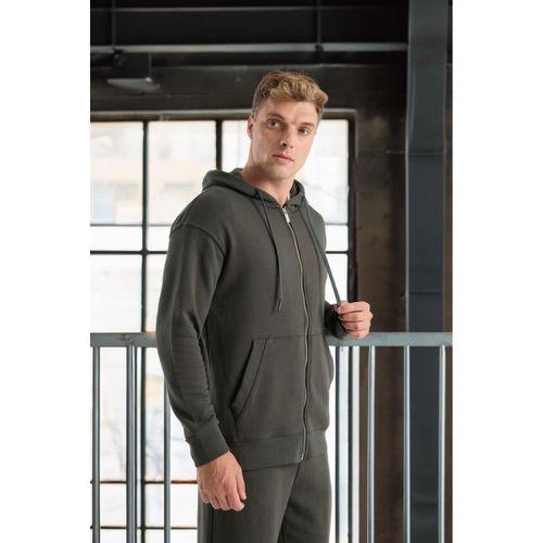 Haneke Regular Kalıp Diagonal 3 İplik Fermuarlı Kapüşonlu Erkek Sweatshirt - Çam Yeşili