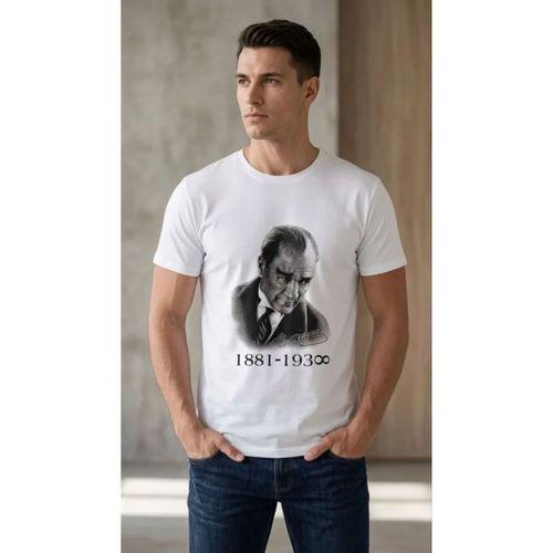 Erkek Atatürk Baskılı Tişört Kısa Kollu Bisiklet Yaka  T-Shirt - Beyaz