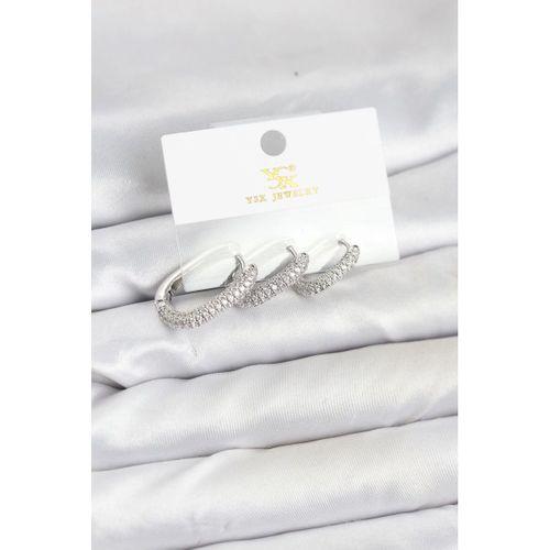 Pirinç Gümüş Renk Zirkon Taşlı Halka Model YSX Trio Küpe Seti