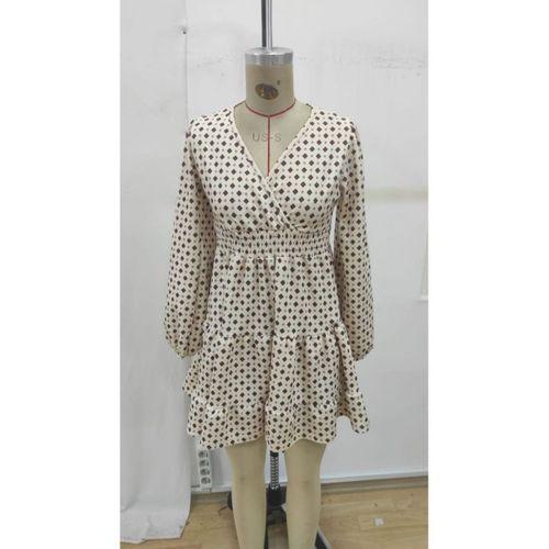 Kadın Uzun Kollu Kruvaze Yaka Desenli Mini Modal Elbise