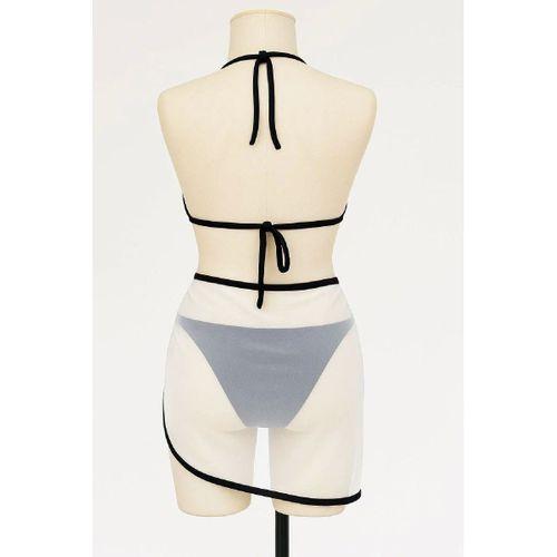 Kadın Siyah Beyaz Pareolu 3’lü Bikini Takımı Yandan Ve Boyundan Bağlamalı Pedli Şık Plaj Seti