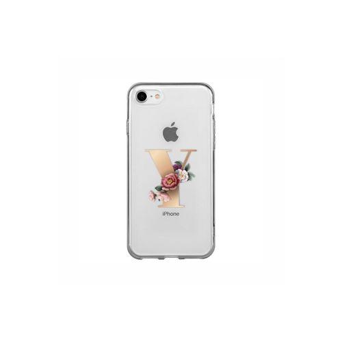 iPhone 7 Şeffaf Kılıf Gold Renkli Çiçekli Y Harfli Desenli