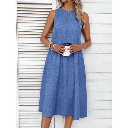 Kadın Kolsuz Bisiklet Yaka Cepli Midi Keten Elbise