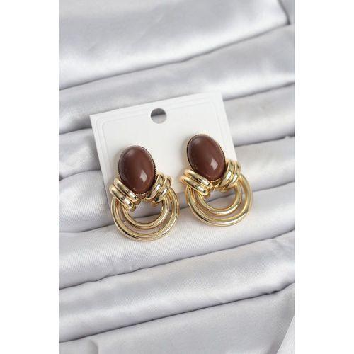 Pirinç Gold Renk Kahverengi Taşlı Vintage Kadın Küpe