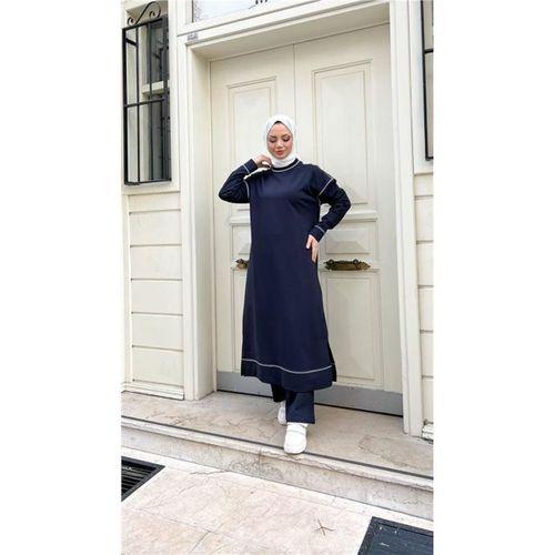 Bisiklet Yaka Dikiş Detaylı Uzun Sweat Pantolon İkili Tesettür Eşofman Takımı - 71174.015 - Lacivert