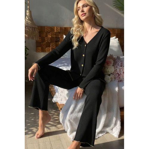 Kadın Siyah Gold Biyeli Fitilli Yumuşak Dokulu Pijama Takımı Premium Ev Giyim