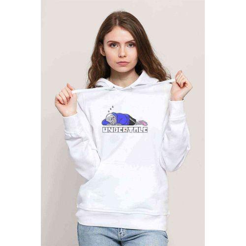 Undertale Sleep Baskılı Beyaz Kadın Kapşonlu Sweatshirt