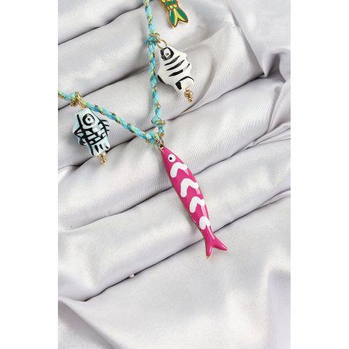 Seramik Motifli Pembe Balık Figürlü Model Mavi İp Kadın Kolye